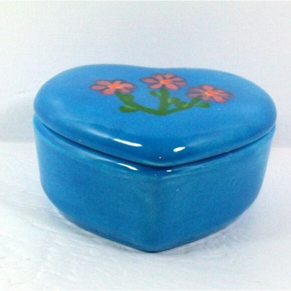 Blue Ceramic Trinket Dish Heart Shaped With Lid, Handmade With Flowers Handmade - Picture 3 of 7